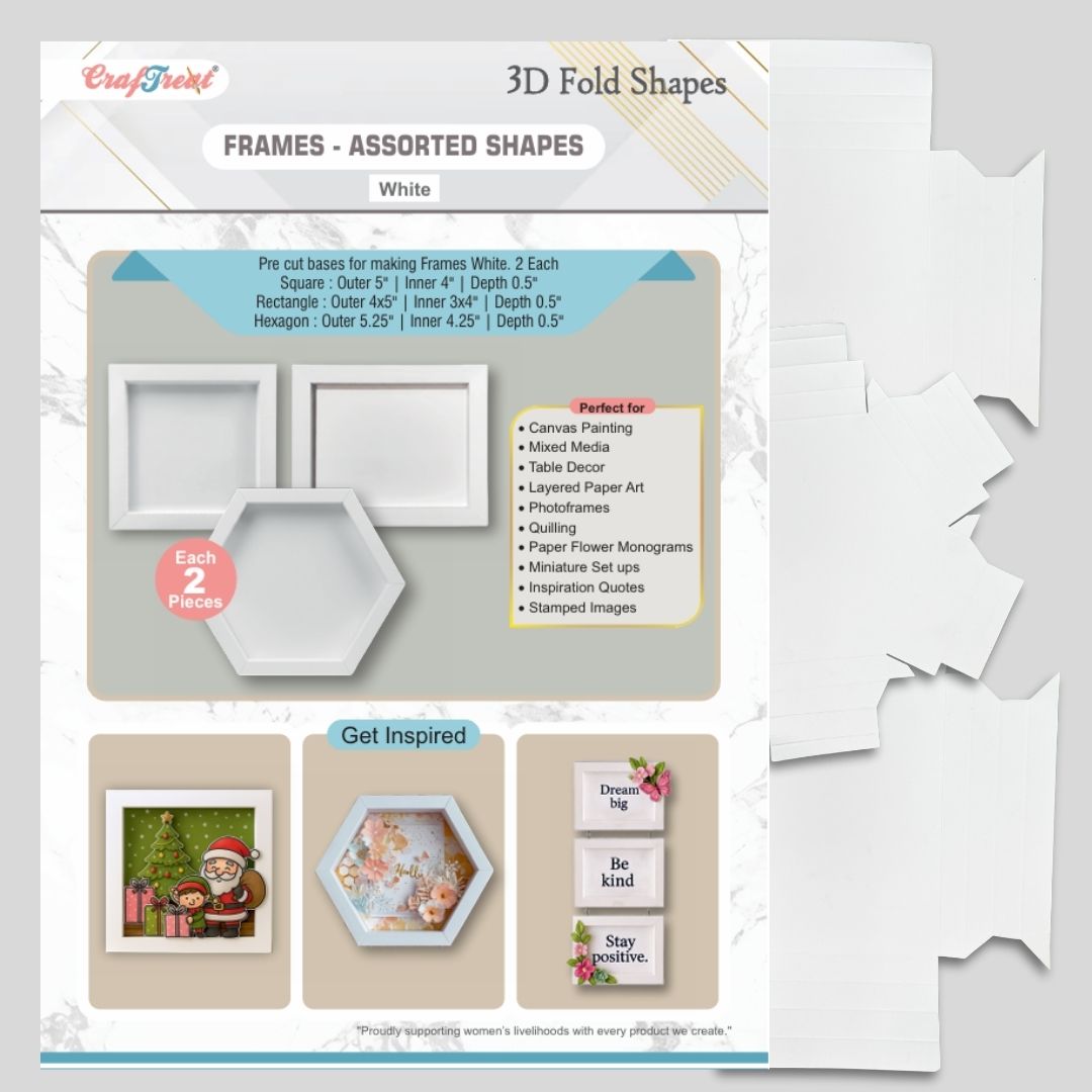 CrafTreat 3D Fold Shapes - Paper Frames White - Assorted Shapes 6pcs