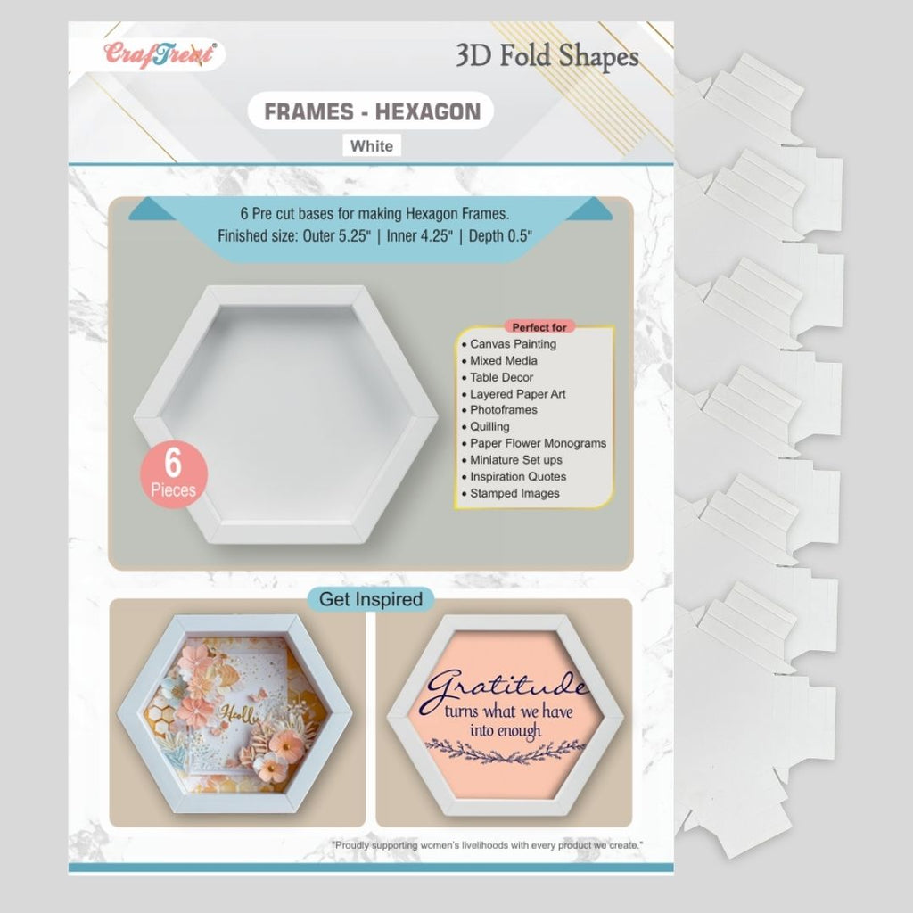 CrafTreat 3D Fold Shapes - Paper Frames White - Hexagon 6pcs