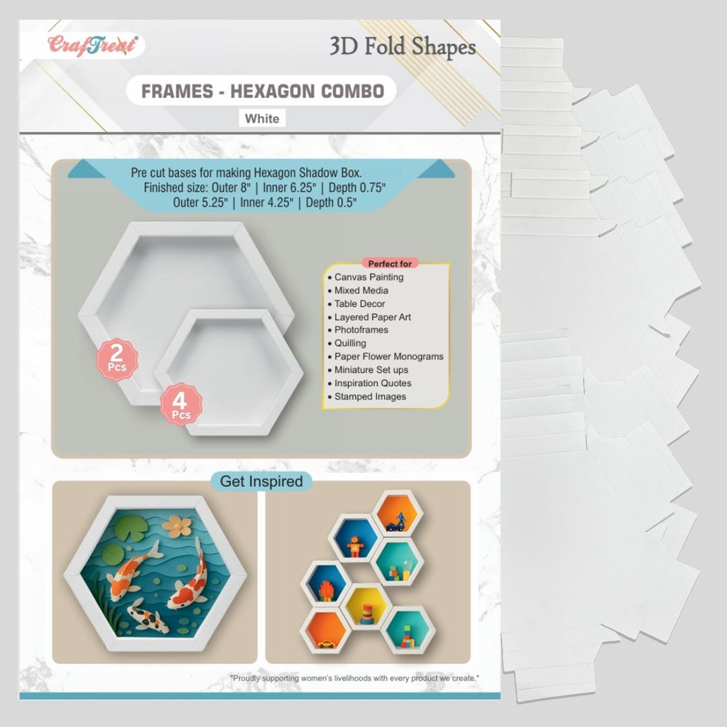 CrafTreat 3D Fold Shapes - Frames White - Hexagon Combo 6pcs