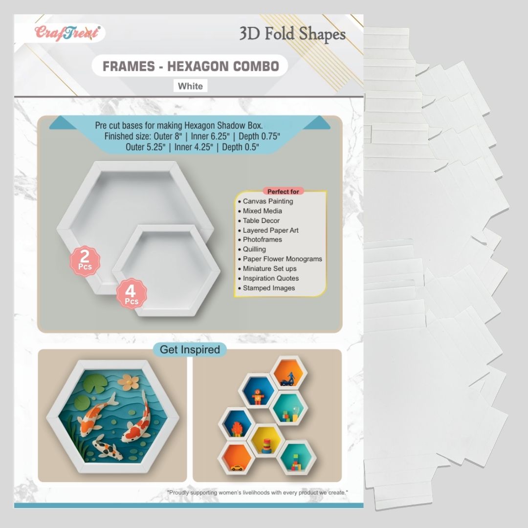 CrafTreat 3D Fold Shapes - Frames White - Hexagon Combo 6pcs