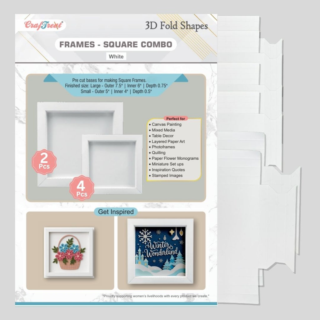 CrafTreat 3D Fold Shapes - Frames White - Square Combo 6pcs