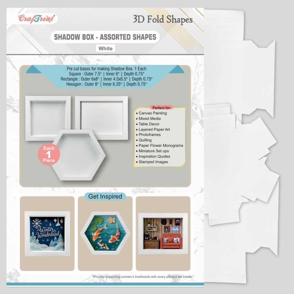 CrafTreat 3D Fold Shapes - Shadow Box White - Assorted Shapes 3pcs