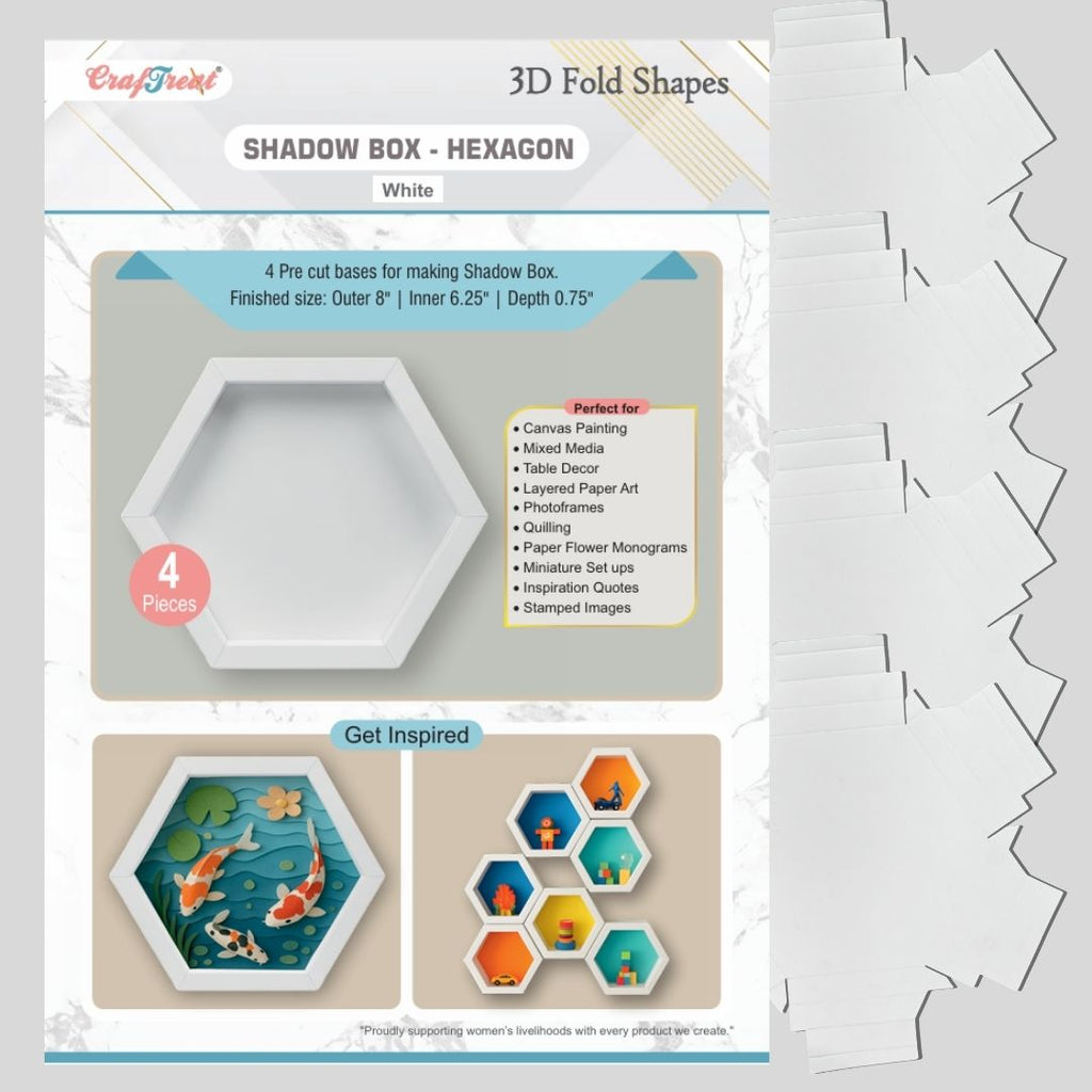 CrafTreat 3D Fold Shapes - Shadow Box White - Hexagon 4pcs