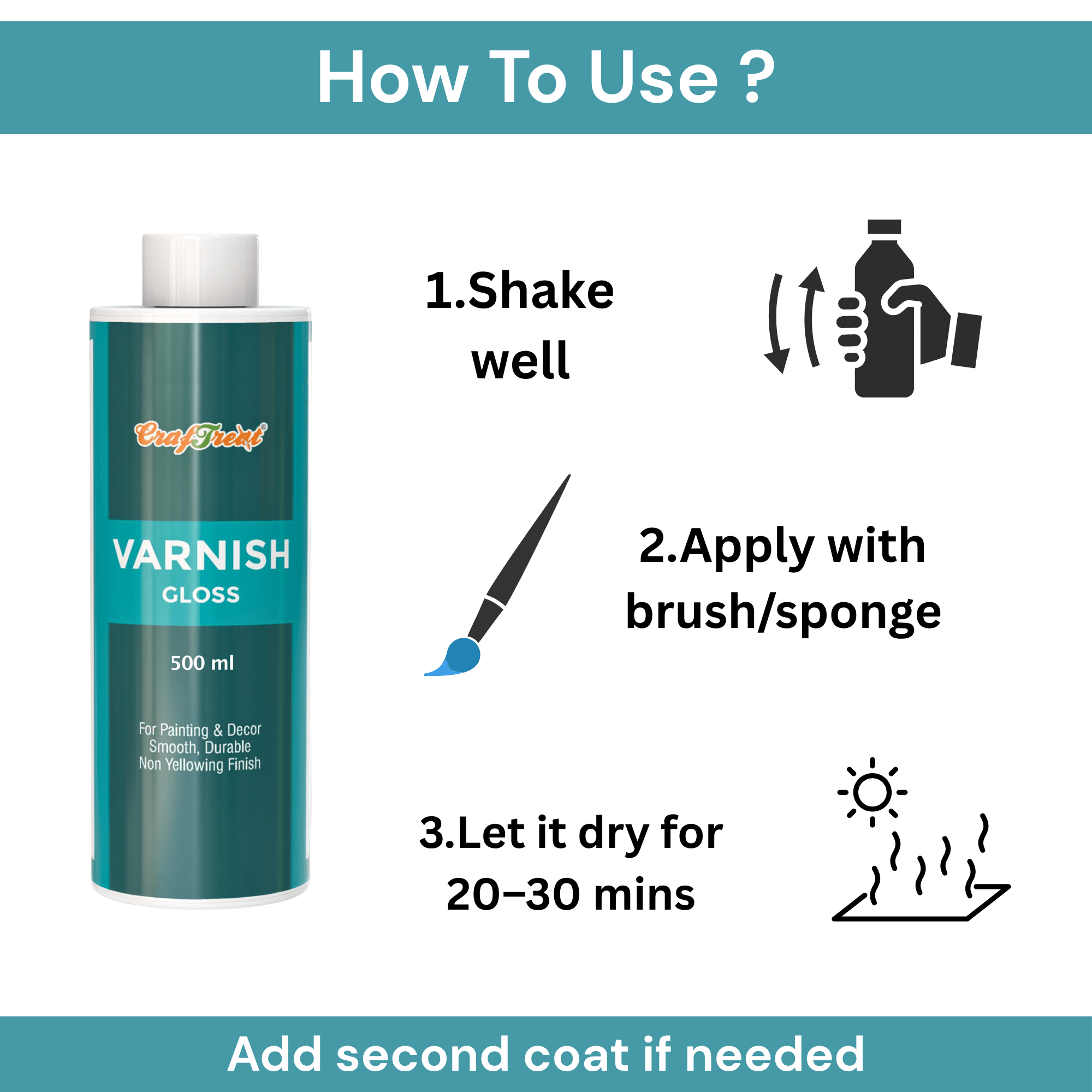 CrafTreat Premium Gloss Varnish - 500ml | Protective Top Coat for Acrylics, Clay, Wood & Canvas Art