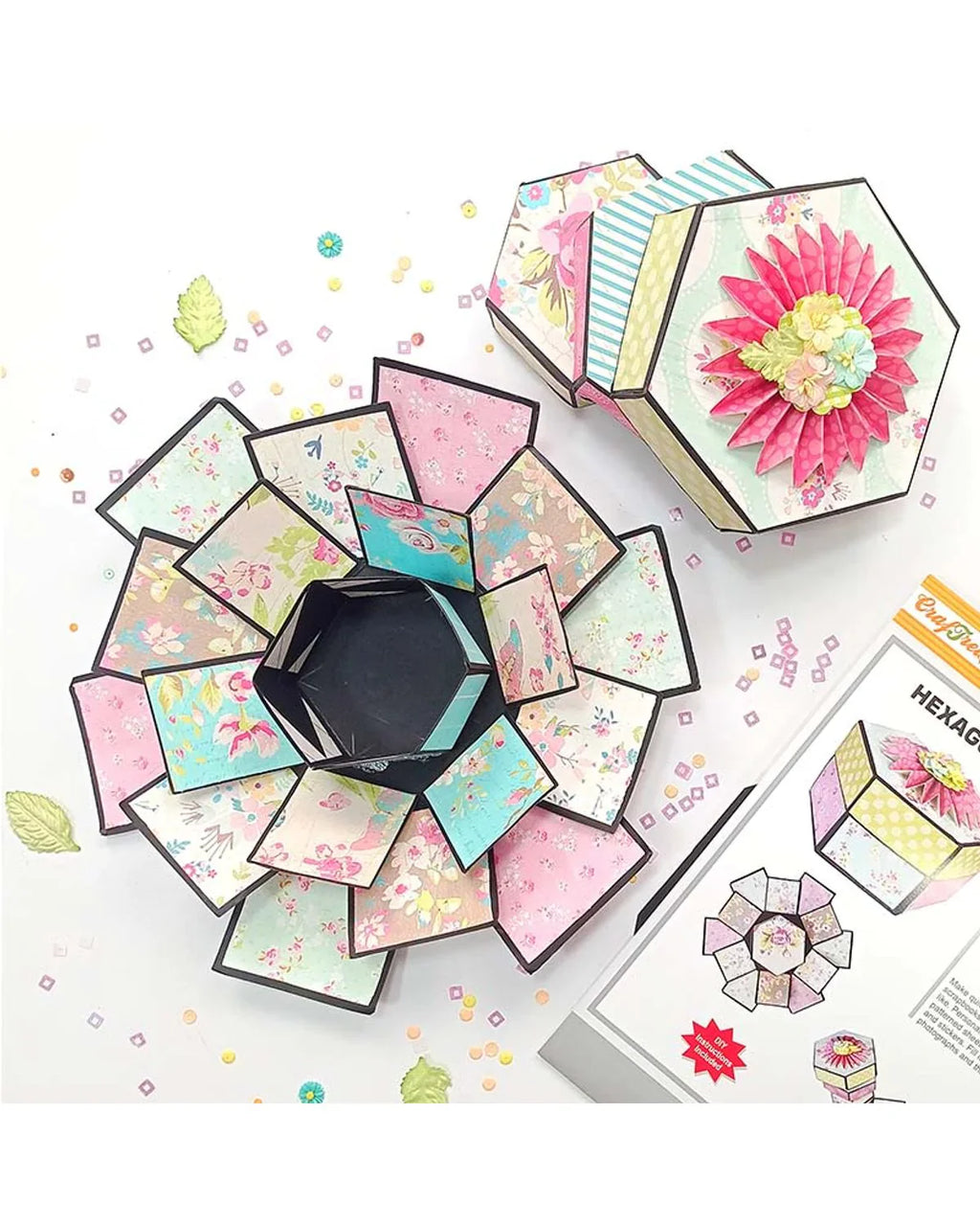 CrafTreat Hexagon Explosion Box Scrapbook Templates2 set 1 Black 1 Kraft